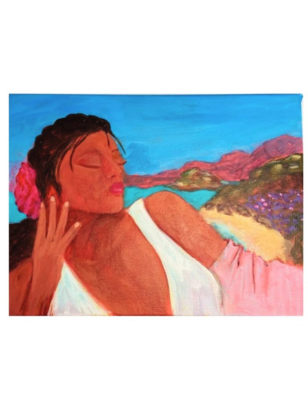 Original Beach Portrait Wall Art - Pink & Blue  9X12" Canvas Painting